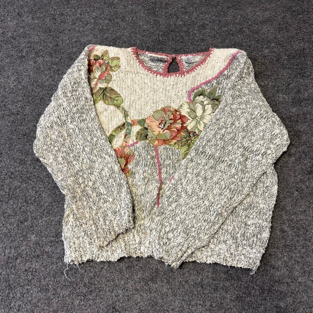 Exclusive Imports Sweater Womens Size L Grey White Floral Knit Pullover Vintage